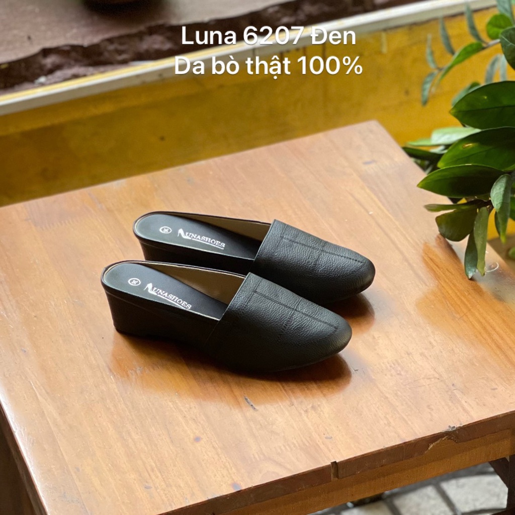 Giày sục nữ 3p LUNASHOES 32303 hở gót mũi tròn da bò mềm dễ đi phối đồ đẹp