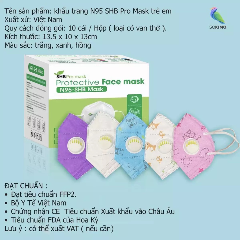 Khẩu Trang SHB Pro Mask N95 Trẻ Em Có Van Hiệu Quả Lọc &gt;95% Bụi Mịn PM2.5 hộp 20 chiếc (Hàng Chuẩn - Chính Hãng)