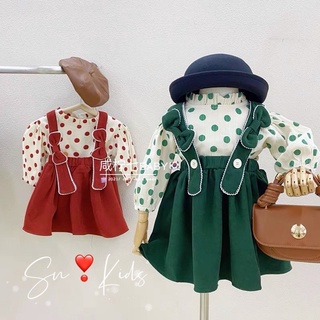 Set váy yếm nơ + áo bi bé gái