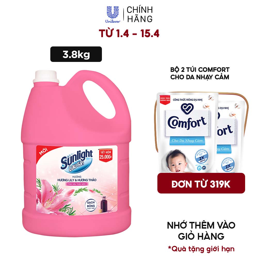 Nước Lau Sàn Sunlight Tinh Dầu Thảo Mộc Hương Hoa Lily &amp; Hương Thảo 3,6 Kg - Sạch Thơm Thư Thái - Nhà Thêm Trong Lành