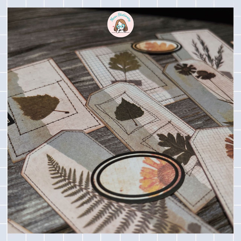 Sticker thẻ tag giả khâu viền hình thực vật cổ điển