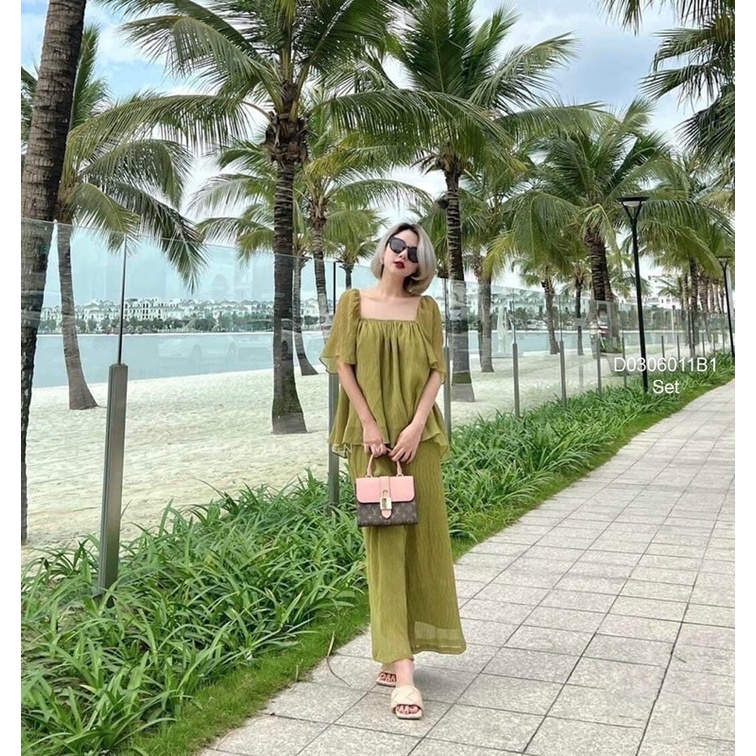 Set voan áo dập ly quần suông 2 lớp