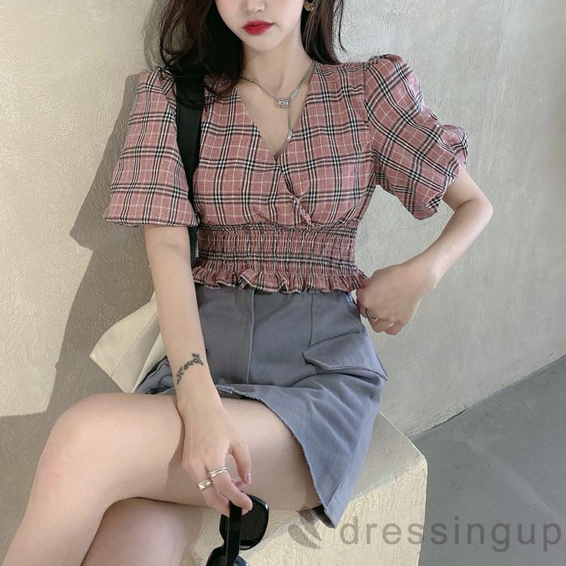 Áo Croptop Tay Lỡ Cổ Chữ V Họa Tiết Ca Rô Thời Trang Dành Cho Nữ