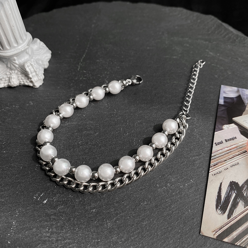 Vòng tay hai lớp bằng thép titan đính giả ngọc trai giả phong cách hip hop Harajuku 19851