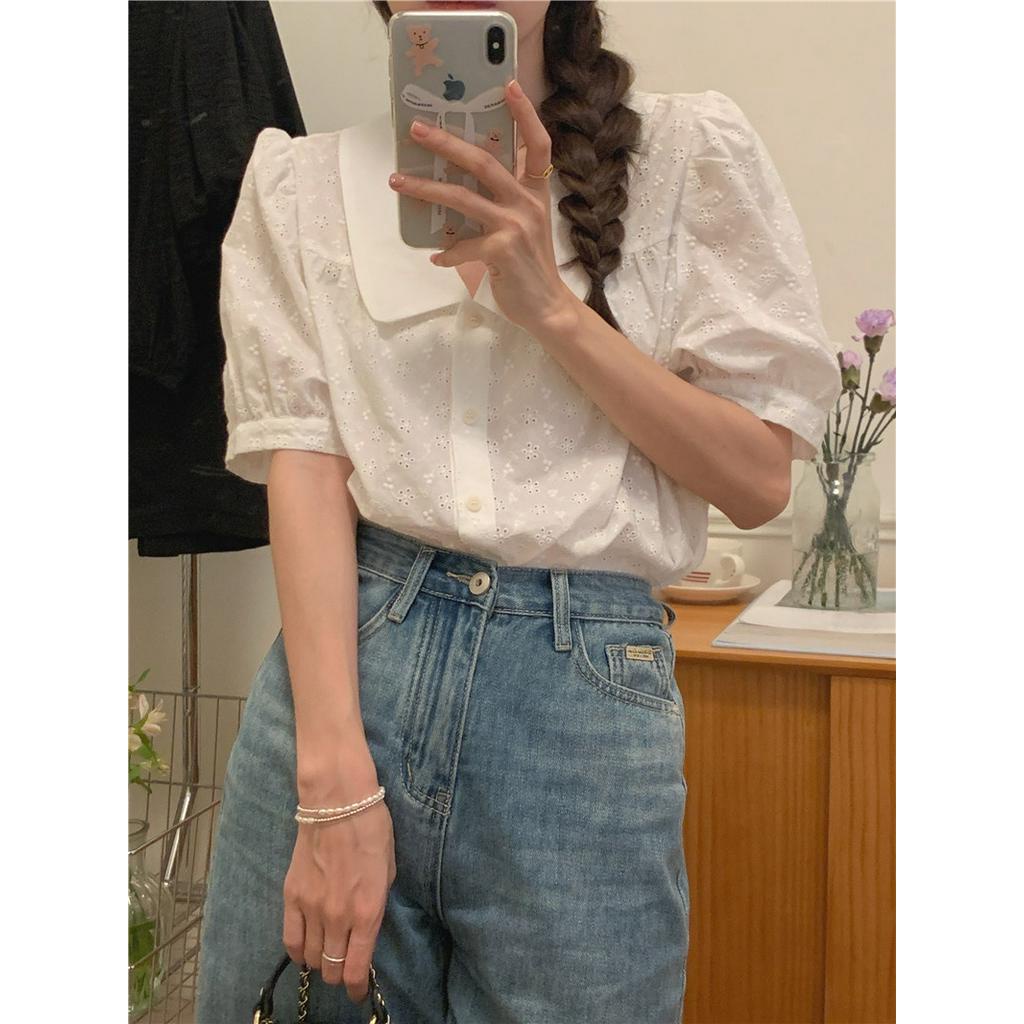 Áo Sơ Mi Trắng Tay Ngắn Cổ Peter Pan Thêu Họa Tiết Phong Cách Hàn Quốc 52112
