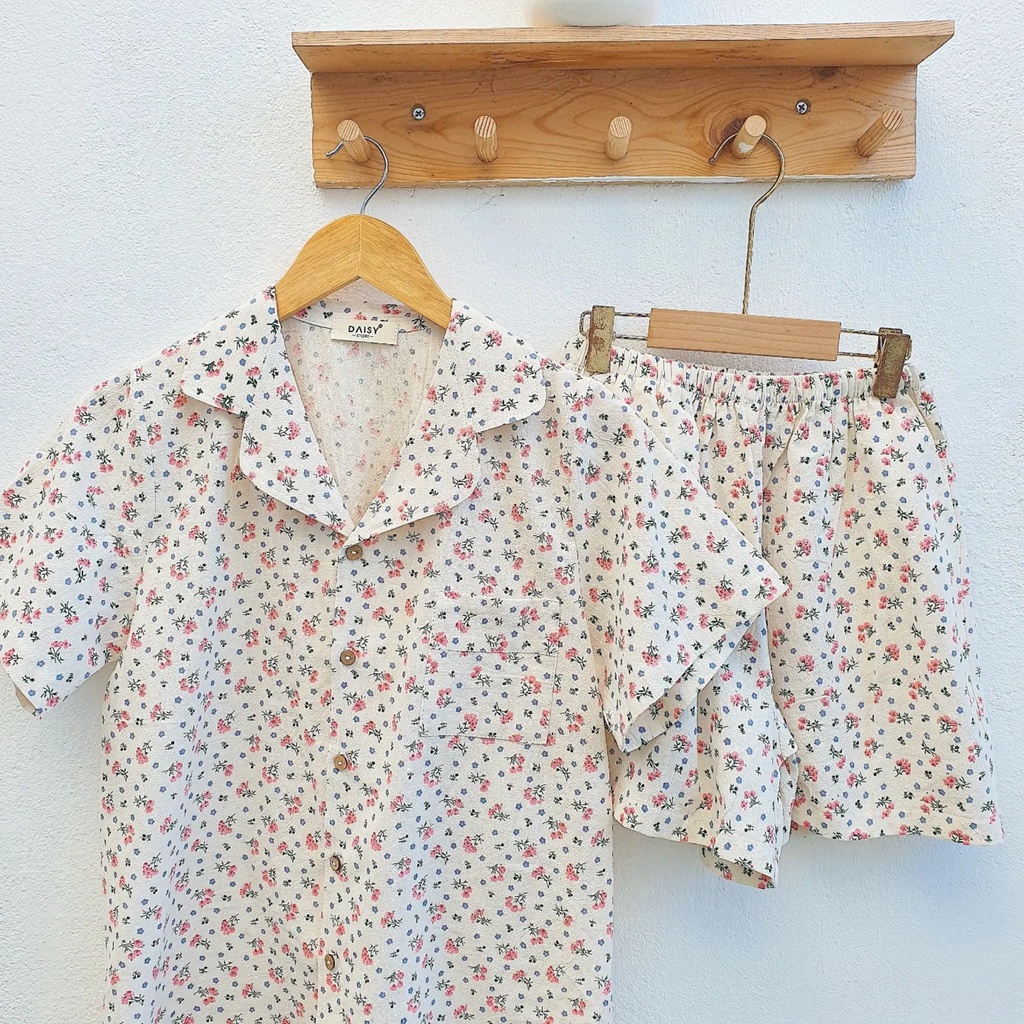 Pyjama mặc nhà thô đũi cara hoa nhí đa sắc