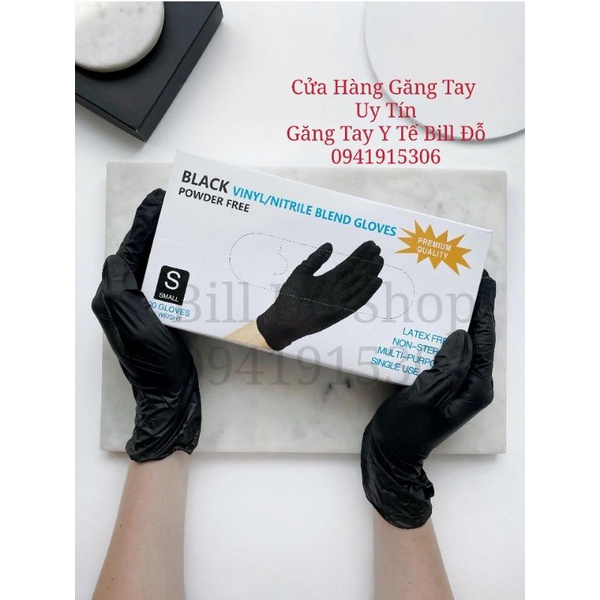 Hộp 100 Chiếc Găng Tay Cao Su Màu Đen Không Bột Vinyl/Nitrile Blend Gloves Phun Xăm Thẩm Mỹ - Black Vinyl/Nitrile