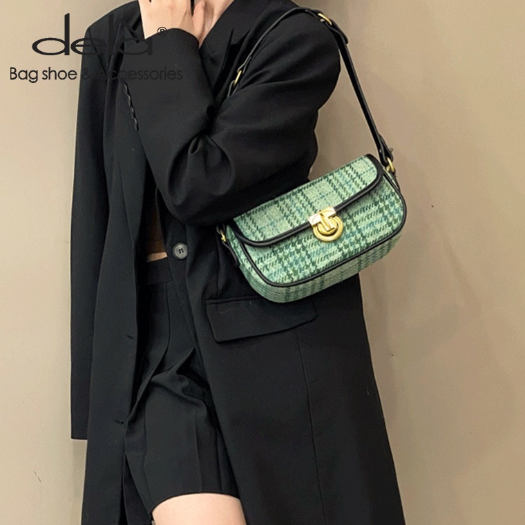 Dela Túi Đeo Chéo Bằng Len Họa Tiết Kẻ Ô Màu Xanh Lá Thời Trang Mới Cho Nữ