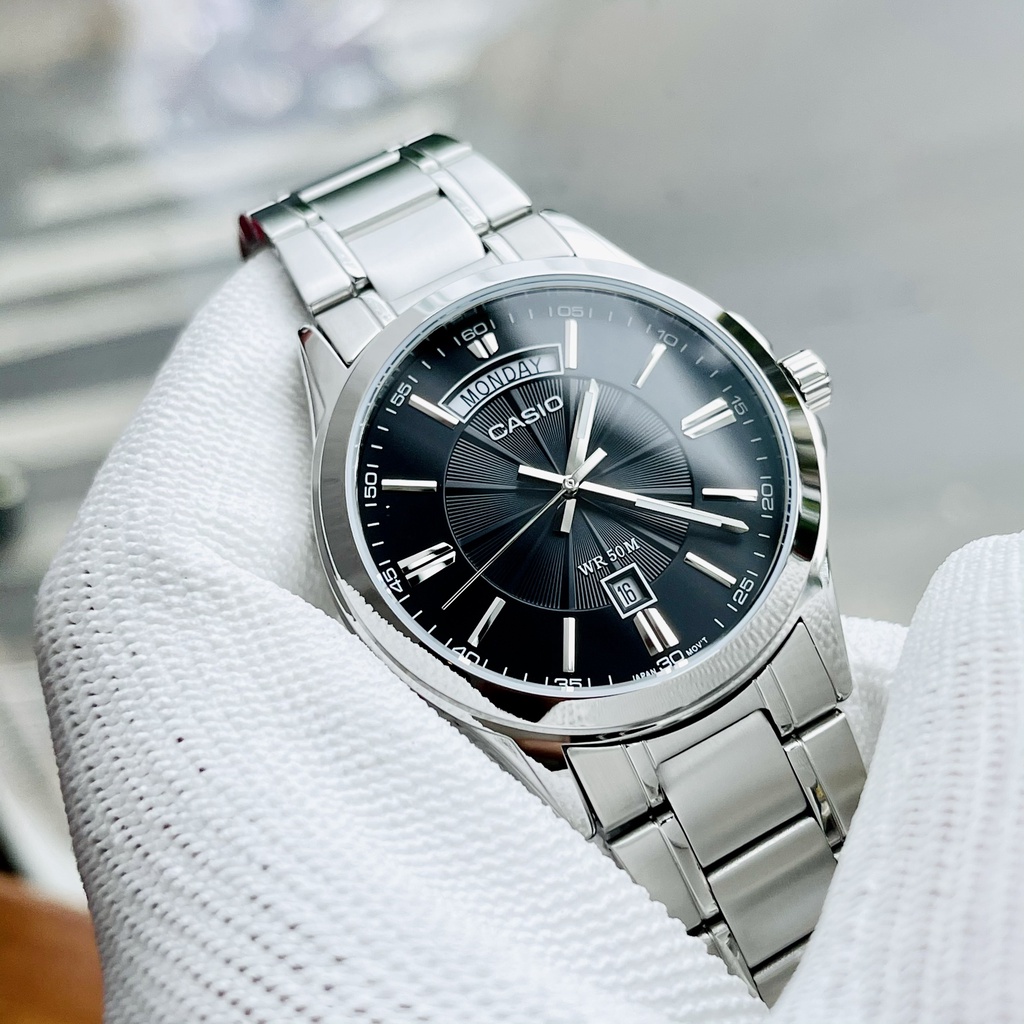 Đồng hồ nam tay dây thép sang trọng Casio MTP 1381D-1AV Mặt đen chống nước 5ATM Bảo hành 1 năm Hyma watch