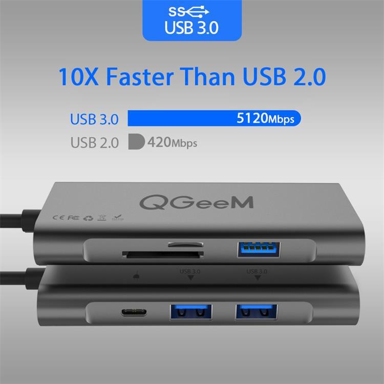 Bộ thiết bị Hub chia chuyển đổi USB Type-C QGeeM 4K 7 trong 1 sang HDMI USB Type C sạc nhanh PD 100w khe đọc thẻ SD TF