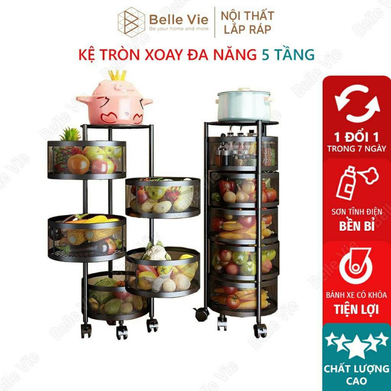 Kệ Xoay Đa Năng Đựng Rau Củ Quả BELLEVIE Kệ Bếp Rổ Tròn 3/4/5 Tầng Có Bánh Xe Di Chuyển