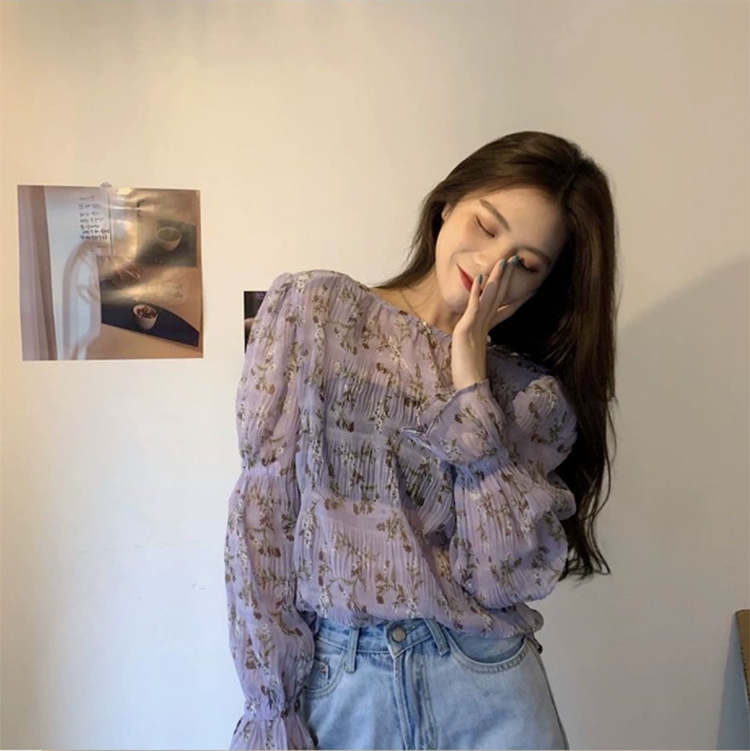 Áo sơ mi chiffon mỏng tay dài dáng rộng in hoa tím kiểu Hàn Quốc thời trang xuân thu 2020