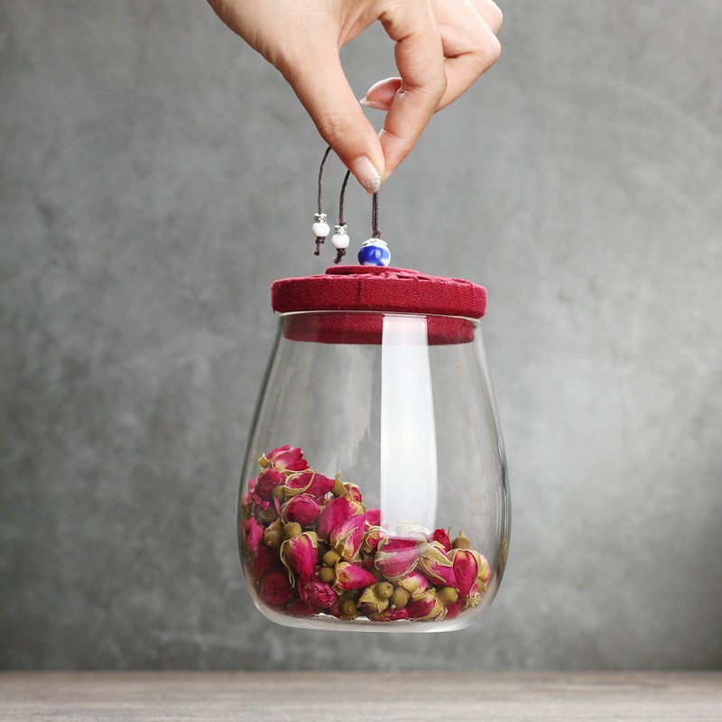 SẴN HÀNG - HŨ ĐỰNG TRÀ THỦY TINH NẮP VẢI 4 MÀU XINH ĐẸP