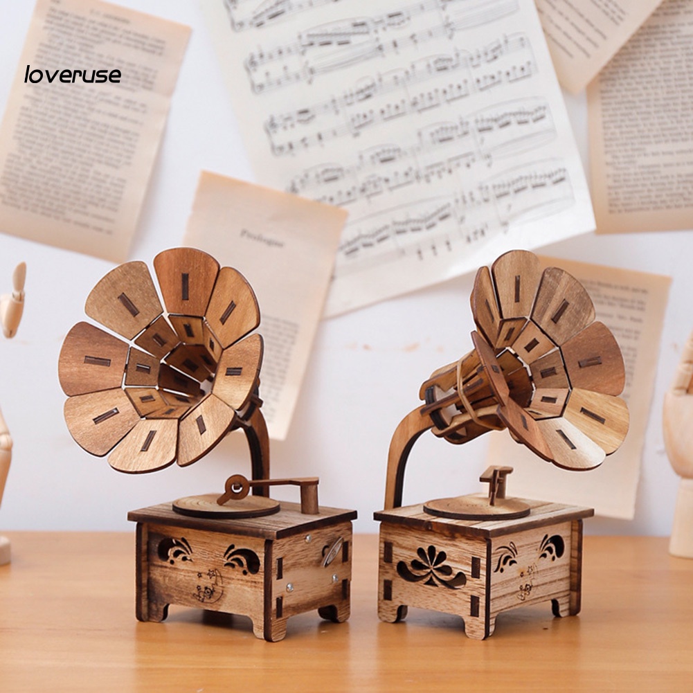 Hộp nhạc hình loa kèn Gramophone bằng gỗ phong cách cổ điển độc đáo DIY