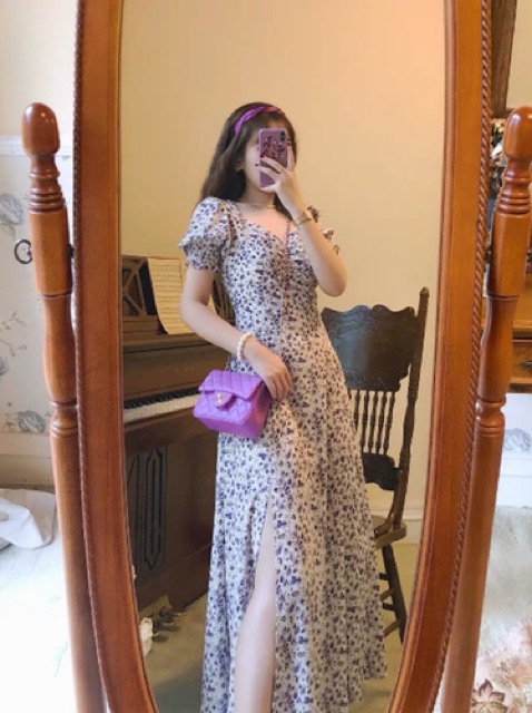 (Sẵn) Váy đầm maxi hoa tím xẻ tà dáng dài tay ngắn phồng | BigBuy360 - bigbuy360.vn