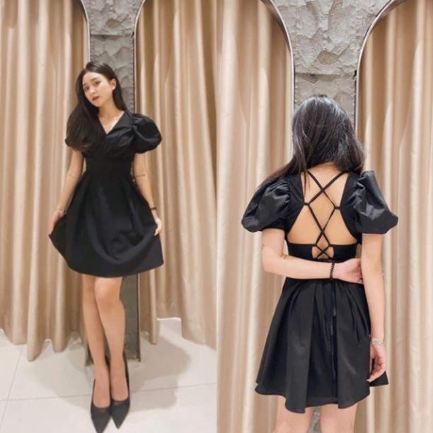 Đầm Trắng Ruen Dress váy xinh dự tiệc from chuẩn xếp li chéo trước ngực cổ V hở lưng đan dây chéo có mút ngực  ྇