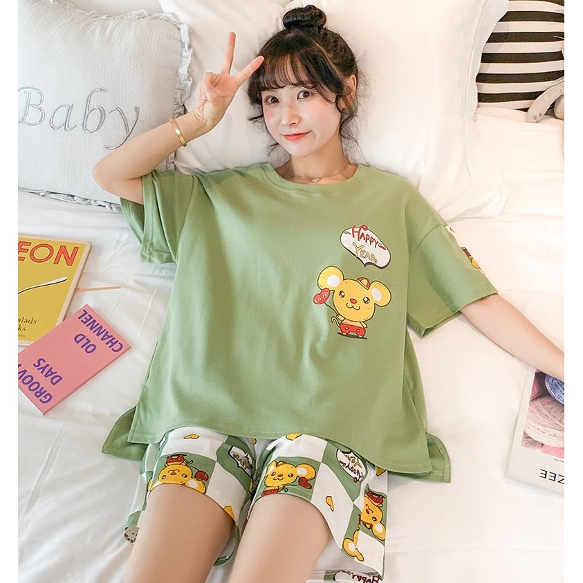 {evacici} Set Bộ Nữ ngủ Hè Cotton 100% siêu má,  Set bộ nữ ở nhà cộc tay icon hoạt hình CON Chuột SIÊU HOT