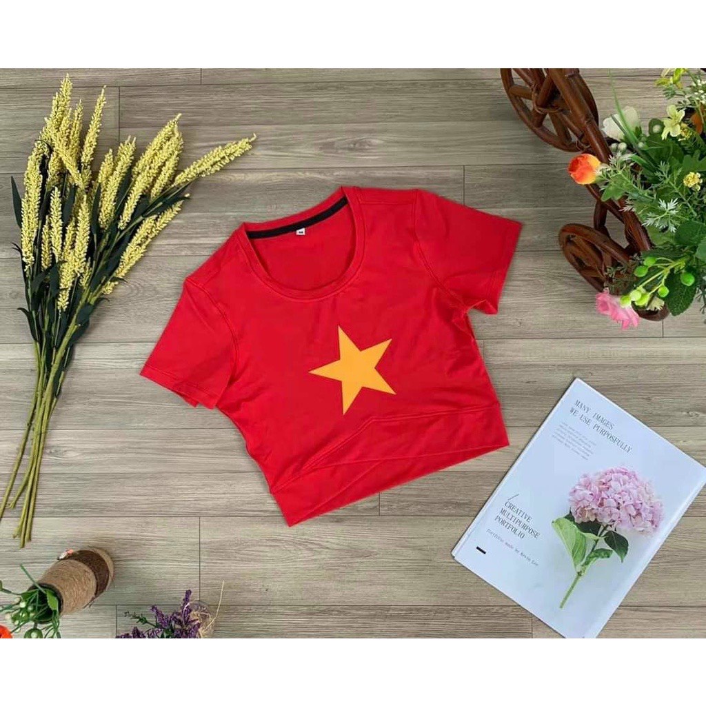 Bộ tập gyn nữ, set tập gym yoga erobic áo croptop cờ đỏ sao vàng kết hợp quần đùi rút dây nâng mông tôn dáng chất đẹp