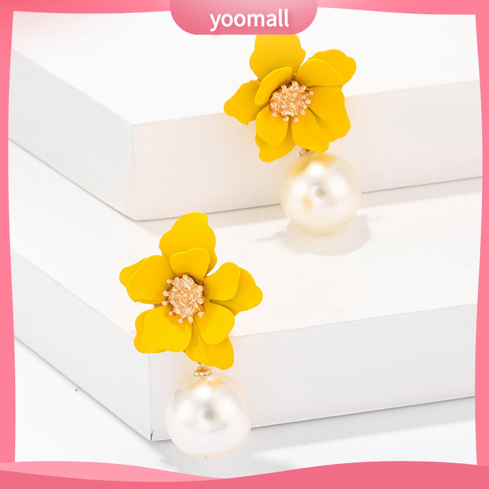 Yomall♡ Đôi Bông Tai Mặt Hoa Đính Ngọc Trai Nhân Tạo Thời Trang