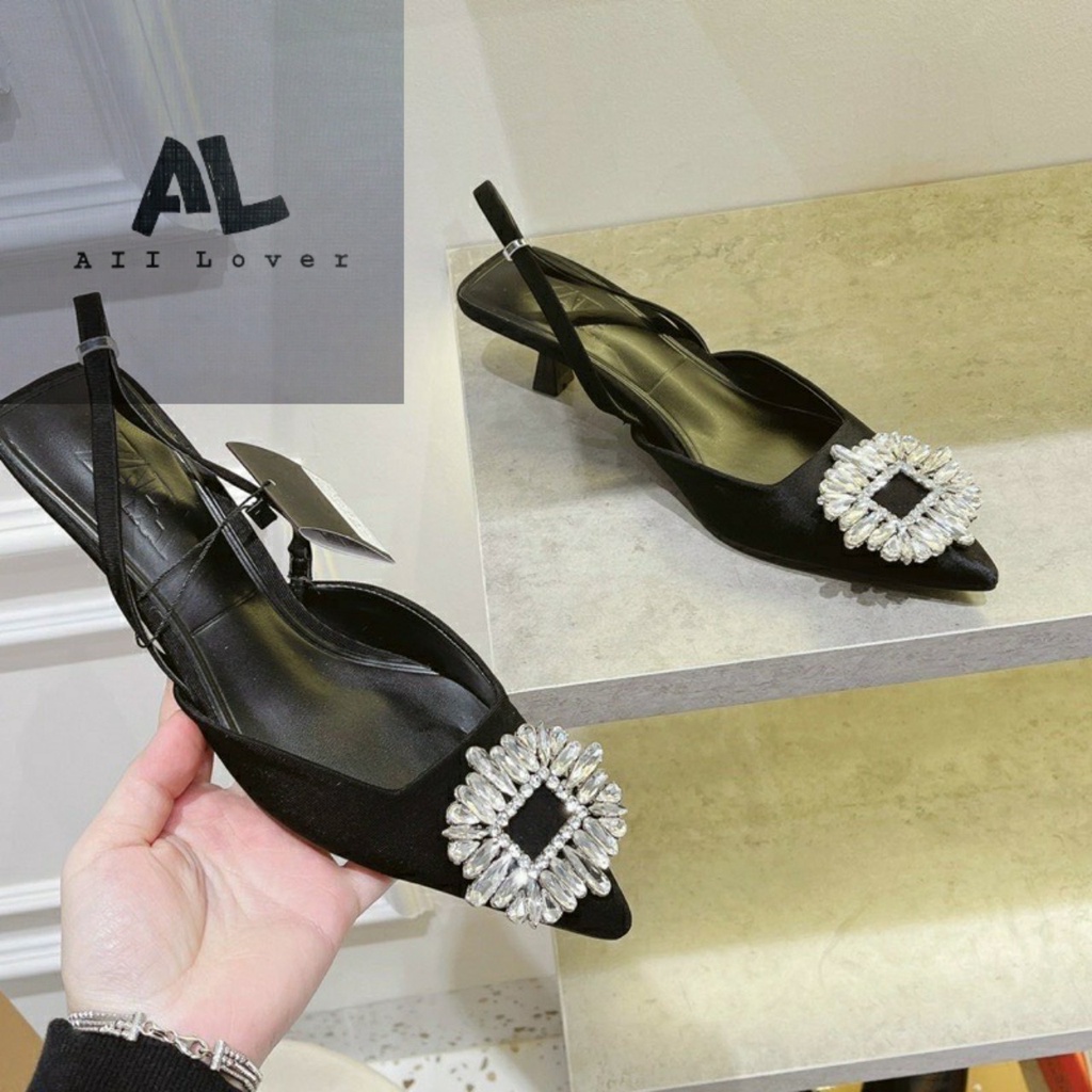 SỤC NỮ HIỆN ĐẠI ALI LOVER -  GUỐC NỮ MŨI NHỌN HỞ HẬU ĐÍNH ĐÁ - GIÀY THỜI TRANG QUAI THUN 3-4 PHÂN  - AG220806