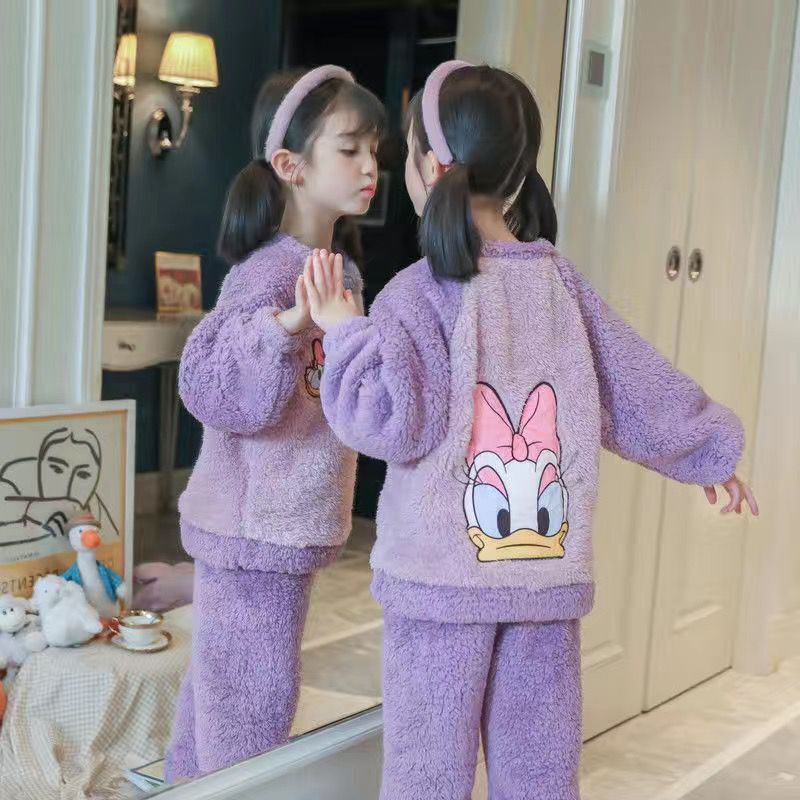 Bộ đồ ngủ tay dài vải bông dày dặn giữ ấm mùa đông dành cho trẻ em 3-18 tuổi