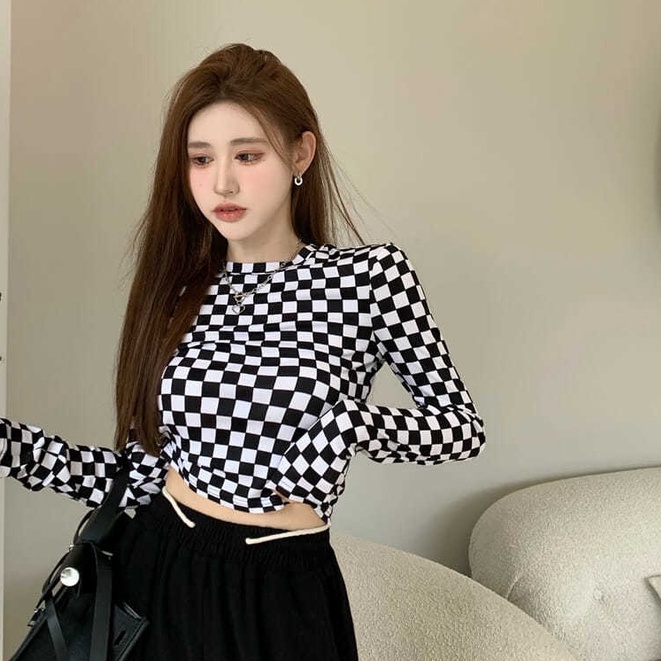 Happy-store ❤️ Áo Thun Croptop Ngắn Tay Dáng Rộng Cổ Tròn Kẻ Sọc Caro Hàn Quốc Thời Trang Mùa Hè Cho Nữ