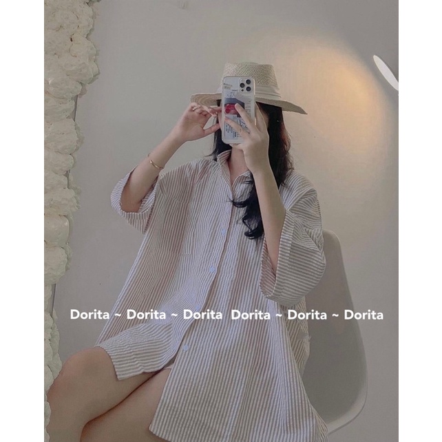Áo sơ mi kẻ sọc vải đũi xốp tay lửng, Áo sơ mi basic Hàn Quốc - Dorita Boutique