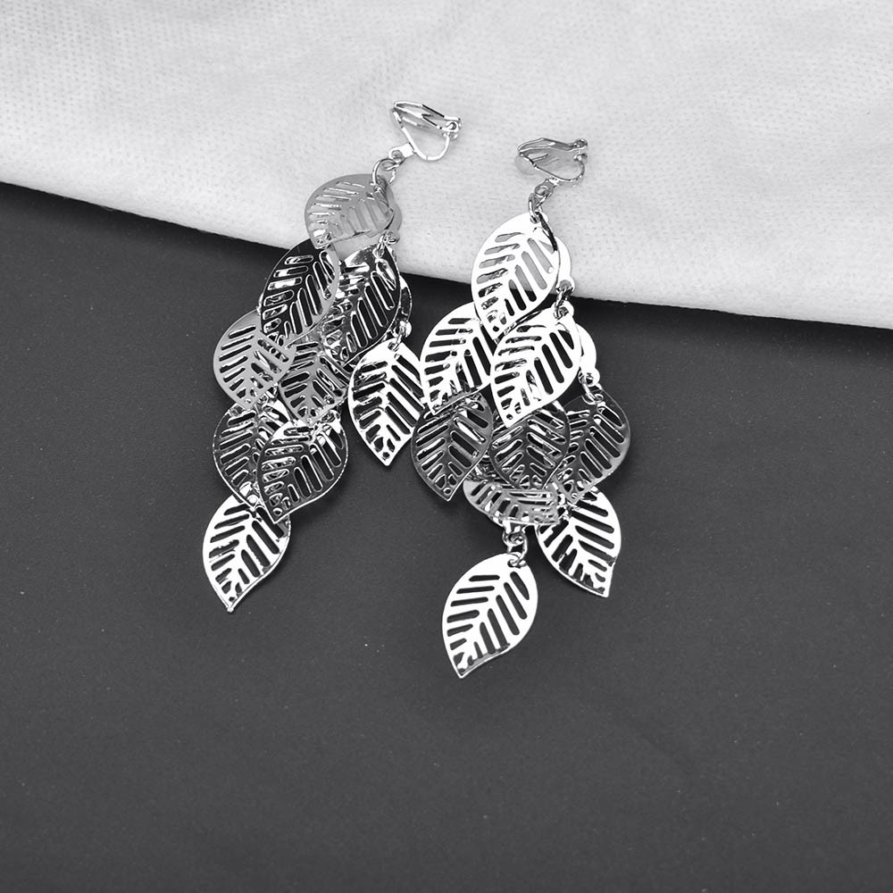 Bông tai hình lá nhiều lớp bằng kim loại mạ vàng bạc không xỏ lỗ cho nữ