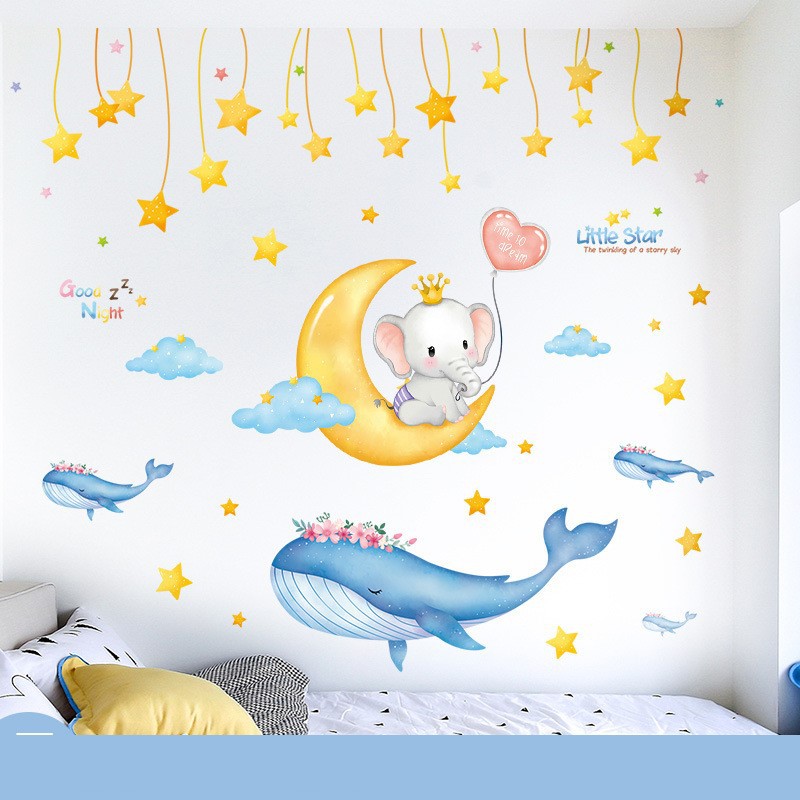 Decal phòng ngủ cho bé trang trí dán tường hình chú voi ôm giấc mơ kích thước 108x85cm