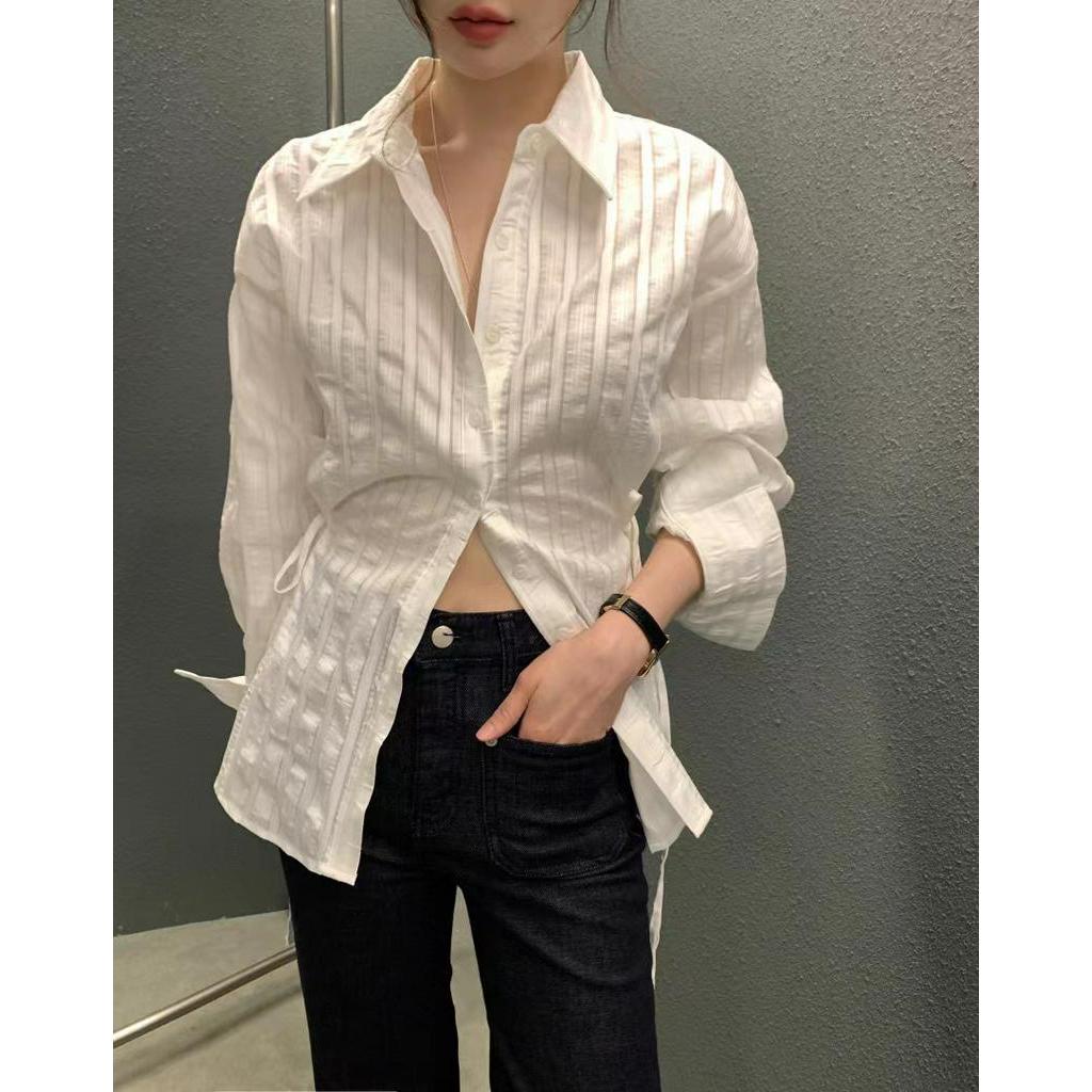 Áo Sơ Mi Ôm Dáng Buộc Dây Họa Tiết Kẻ Sọc Phong Cách Hàn Quốc Kiểu Mới 62215
