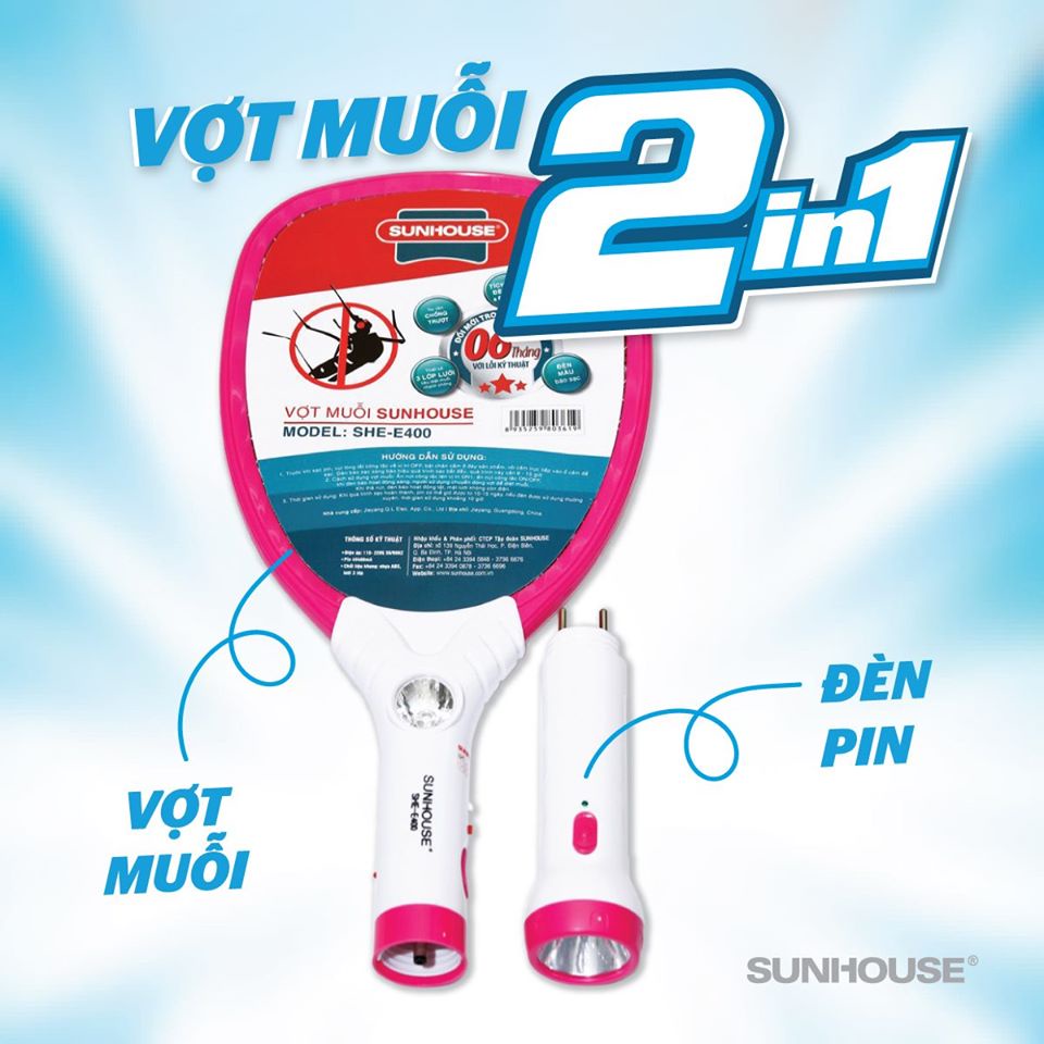 Vợt Muỗi Sunhouse SHE-E400, Có đèn Pin