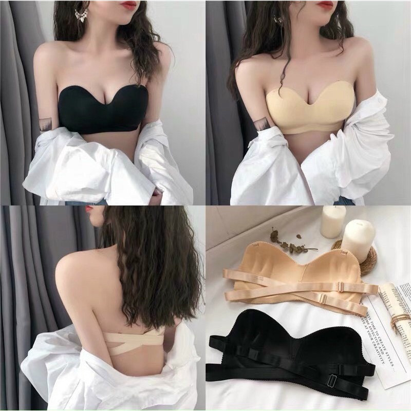 Áo ngực không dây nâng ngực chống trượt- Bobu Shop - Đệm mút khá dày 2-3 cm, đẩy ngực, tạo khe - hàng đúc free SZ