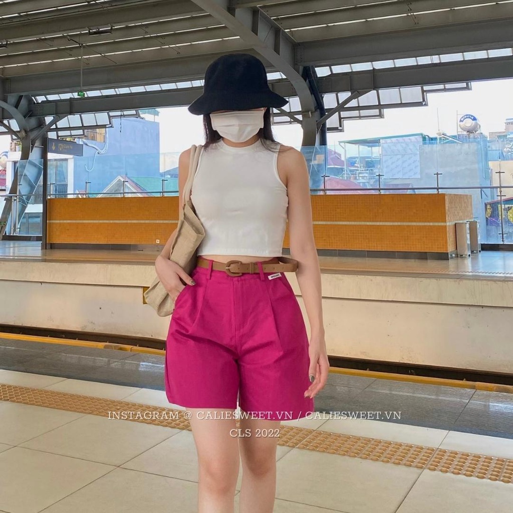 Quần đùi kaki nữ Caliesweet quần short cạp cao kèm thắt lưng da