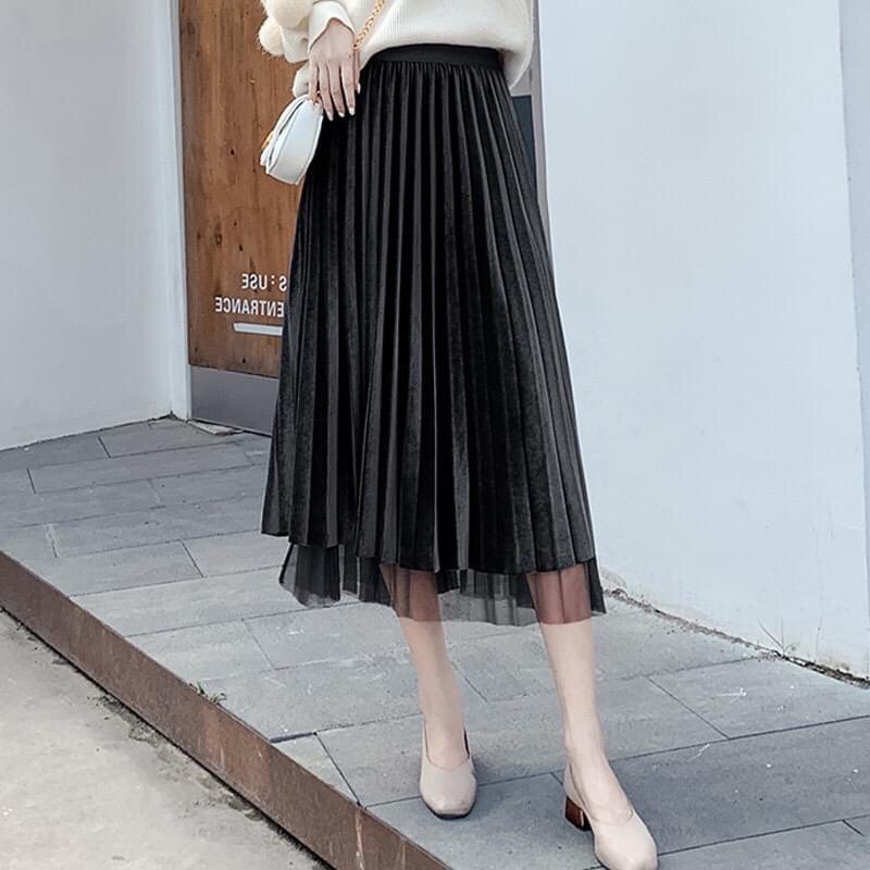 [Quà tặng là chun tóc] Chân váy xếp ly midi phối voan mặc 2 kiểu Lucy Outfit thiết kế phong cách Hàn Quốc cv lưới 2 lớp | BigBuy360 - bigbuy360.vn