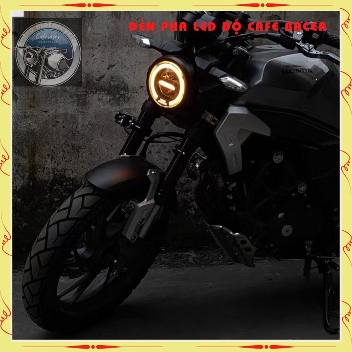 Đèn pha led cao cấp , đèn led pha độ xe máy CAFE RACER gáo sắt sơn đen mặt kính trong suốt