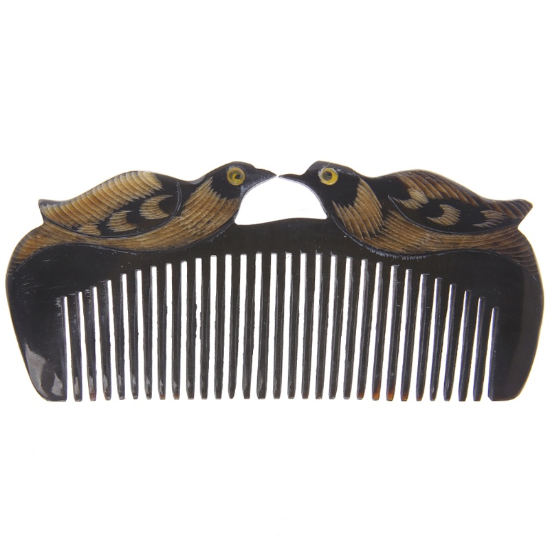 Lược Chải Tóc Sừng Tự Nhiên Sang Trọng Với Tay Cầm Khắc Hình Vịt Mandarin