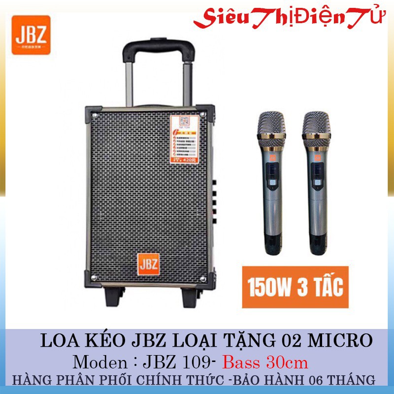 LOA KÉO KARAOKE JBZ NE109 loại 3 tấc và loa kẹo kéo kèm 2 mic không dây chất liện bằng gỗ với bình ác quy trong loa