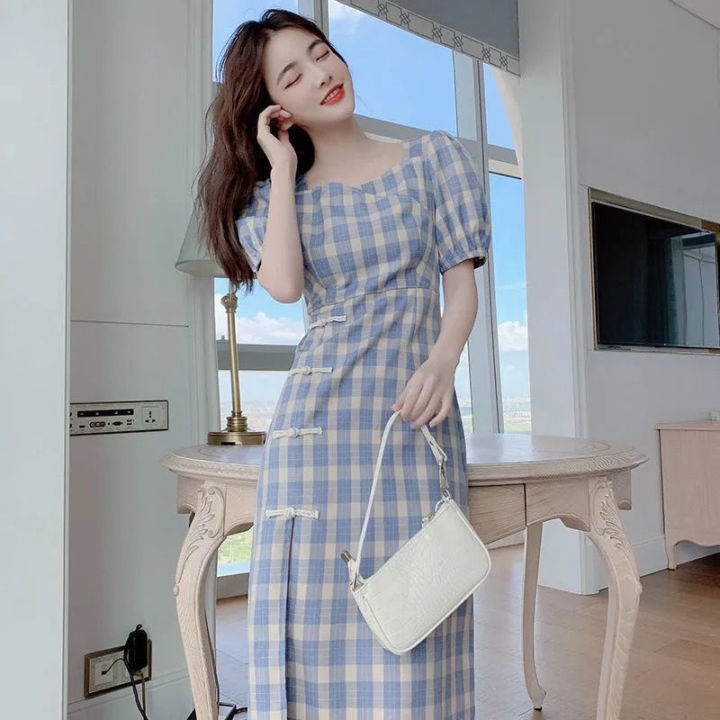 Đầm sườn xám chiều dài vừa phải ôm eo vừa vặn kẻ sọc caro xanh lam retro mới mùa hè