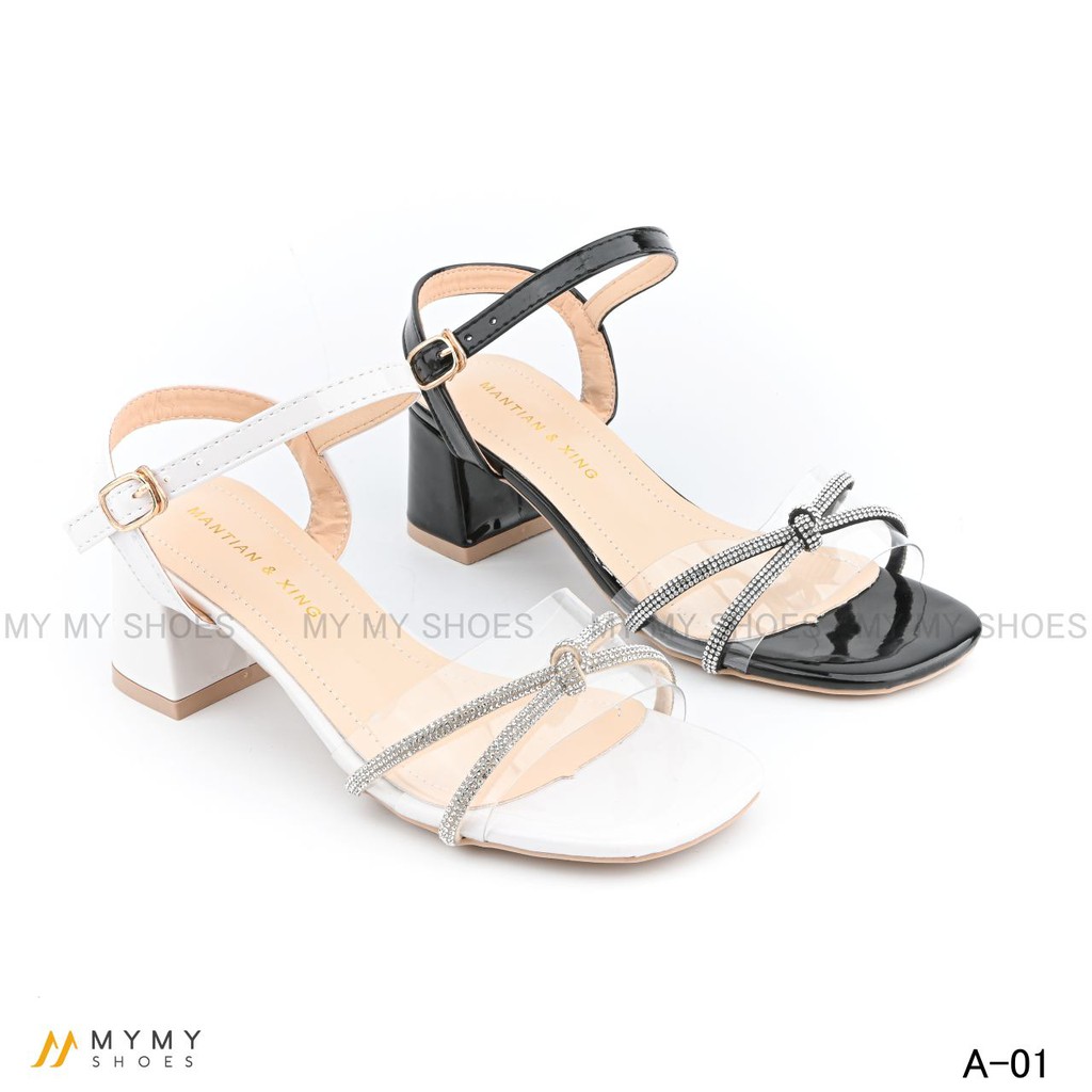 Sandal quai trong pha dây đá thắt gót vuông 5p mymy shoes A-01