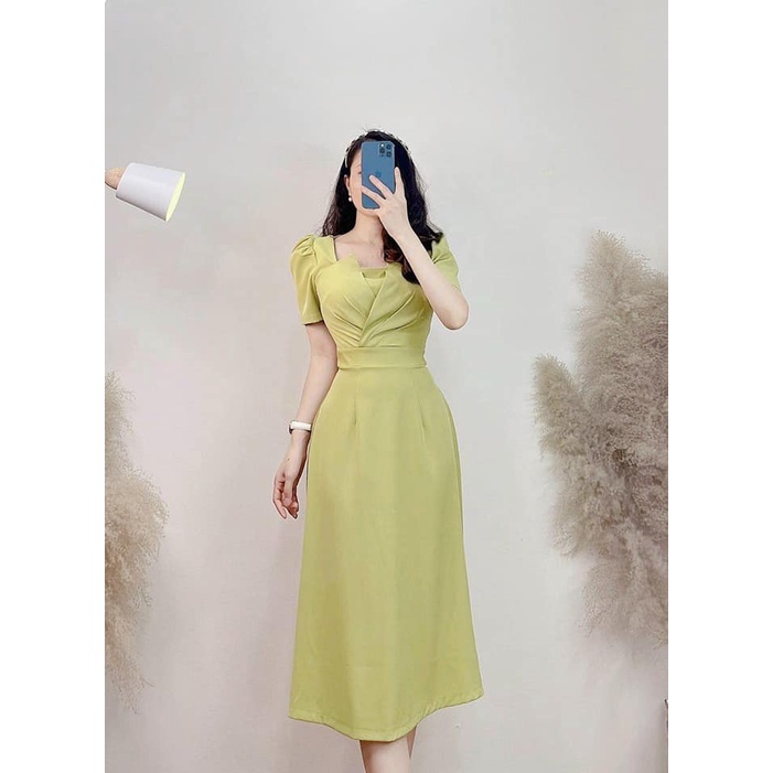Váy nữ thiết kế dự tiệc, Đầm Midi xếp ngực tay ngắn trẻ trung, thanh lịch