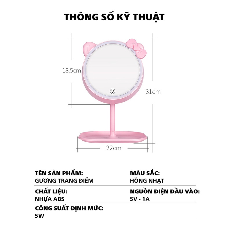 Gương trang điểm có đèn led cảm ứng 3 chế độ sáng Hello Kitty