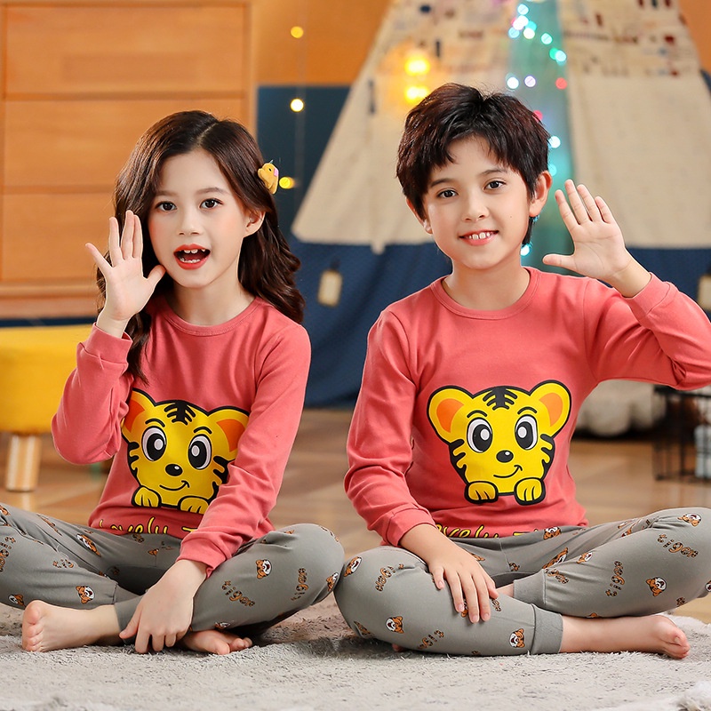 Set đồ ngủ tay dài in hoạt hình chất liệu cotton kiểu Hàn Quốc thời trang mùa thu cho bé 3-14 tuổi