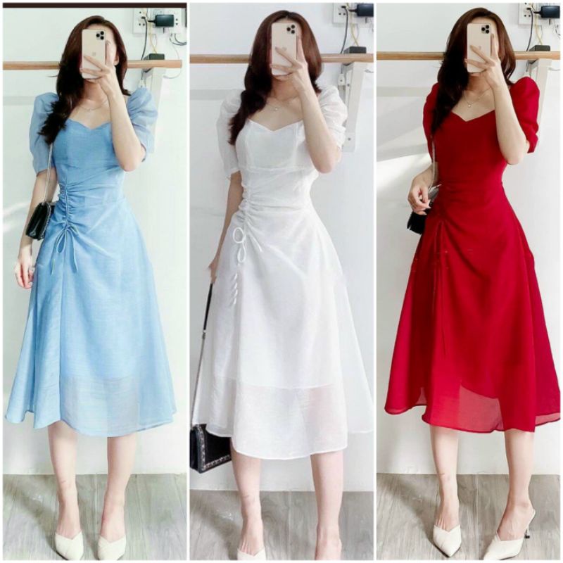 Đầm váy nữ dự tiệc, dạo phố, công sở form tiểu thư midi dây rút, cổ tim, tay phồng nhẹ