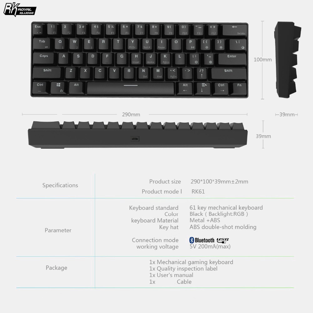 RK61 Backlight Keyboard Ergonomic USB Wired And Bluetooth Mechanical  Keyboard Gamer LED Gaming Gamer Mechanical  Keyboard For PC Computer