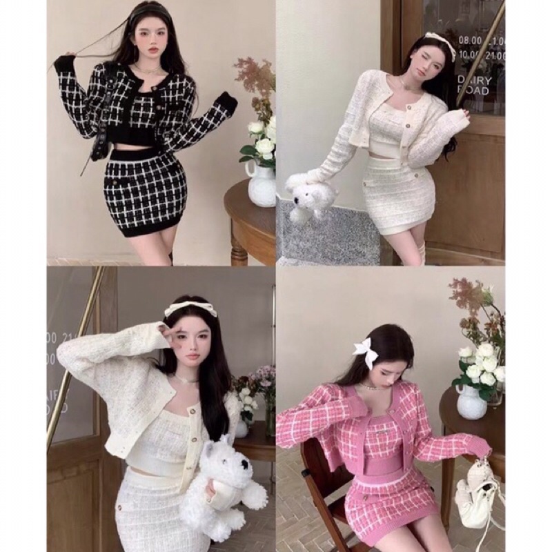 Set len dệt kim 3 món áo khoác ngắn dài tay + áo 2 dây croptop + chân váy ngắn chic ulzzang NA NA ST
