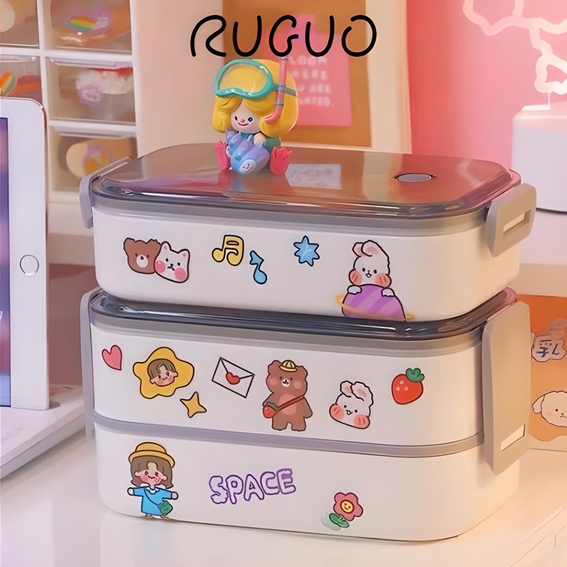 Hộp đựng cơm Sticker 2 tầng văn phòng có thể để lò vi sóng tặng kèm sticker
