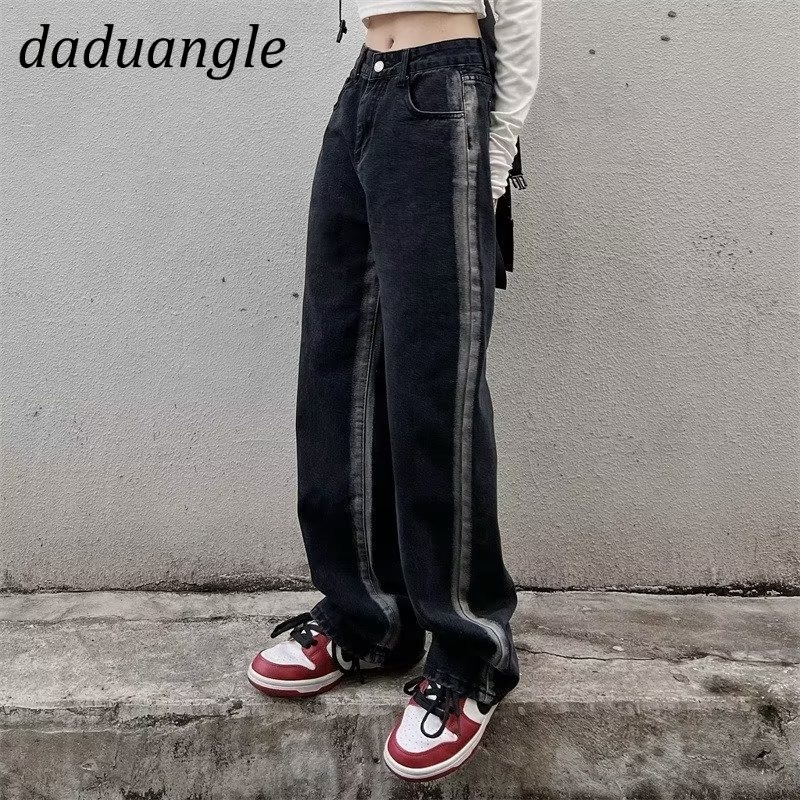 Quần jean Daduhey màu đen phối Gradient lưng cao ống rộng thời trang đường phố Mỹ cao cấp cho nữ