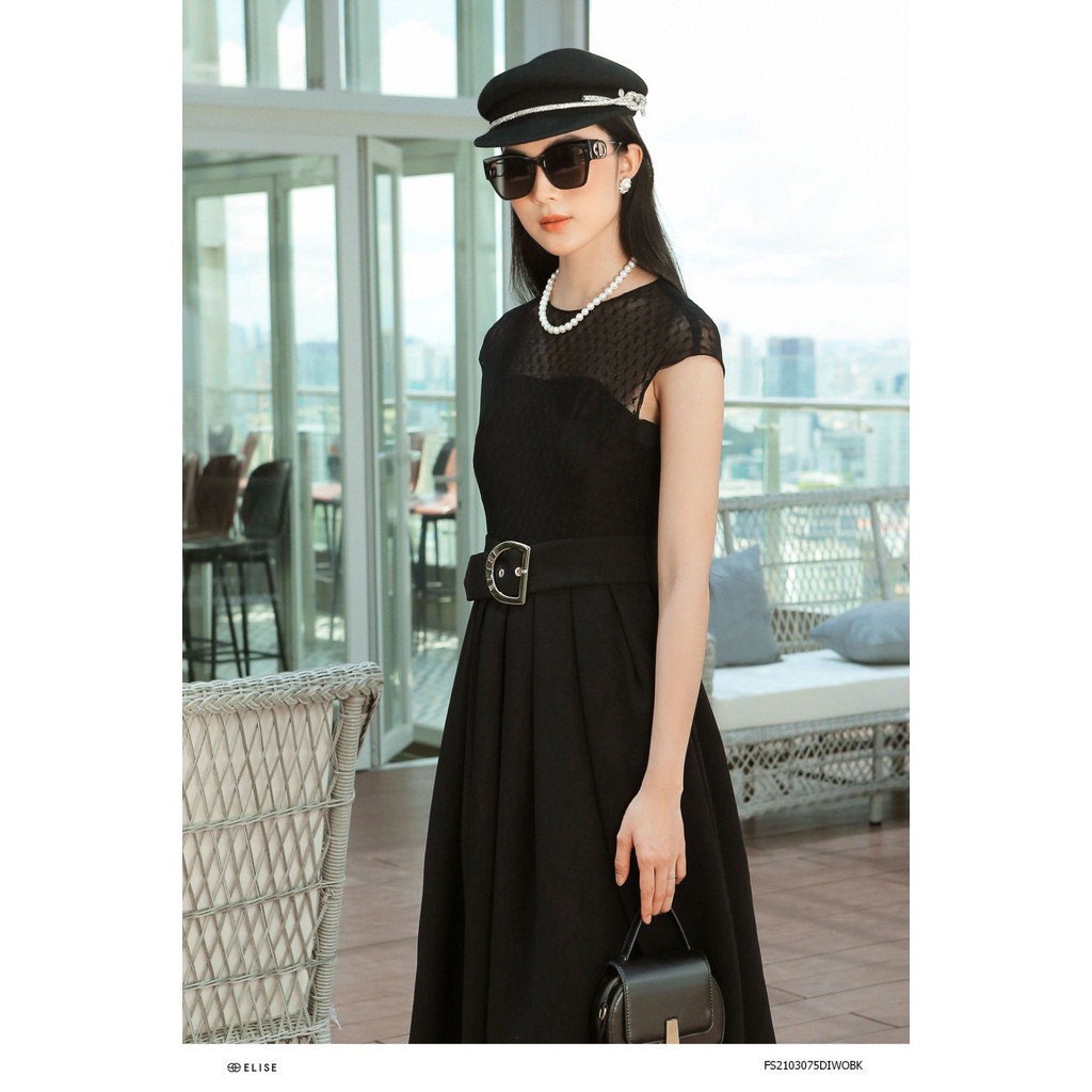 Đầm đen phối lưới đai eo thiết kế Elise FS2103075DIWOBK