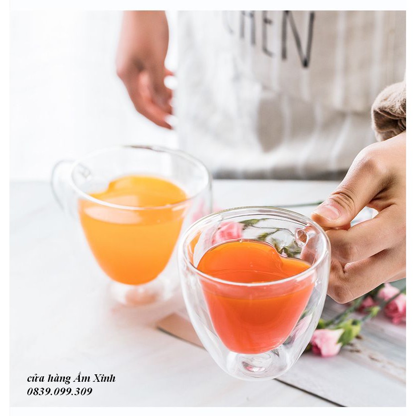 Ly cốc thủy tinh 2 lớp hình trái tim có tay cầm size 150ml -250ml