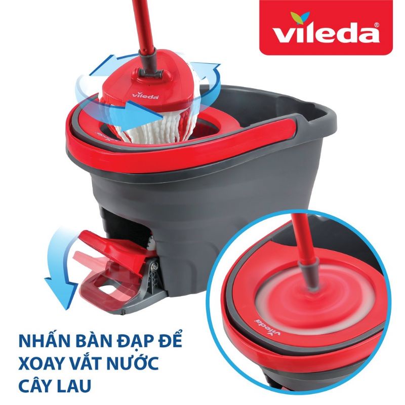 (Tặng kèm 2 Bông lau) Cây Lau Nhà VILEDA Turbo Easy Wring&amp;clean, đầu lau tam giác,  xô giặt quay bằng chân